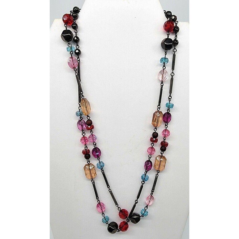 NY Jewel Tone Acrylic Beaded Necklace Long Gunmetal Statement Fashion Vintage
